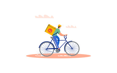 Online delivery service concept, online order tracking, delivery home and office. Bicycle courier, delivery man in respiratory mask. Illustration. Delivery driver driving bicycle with parcel