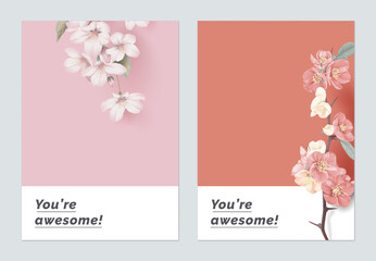 Minimalist botanical greeting card template design, Somei Yoshino sakura and Japanese quince flowers © momosama