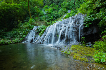 Fototapeta na wymiar Waterfall landscape. Beautiful hidden waterfall in tropical rainforest. Nature background. Slow shutter speed, motion photography. Pucak Manik waterfall, Bali, Indonesia