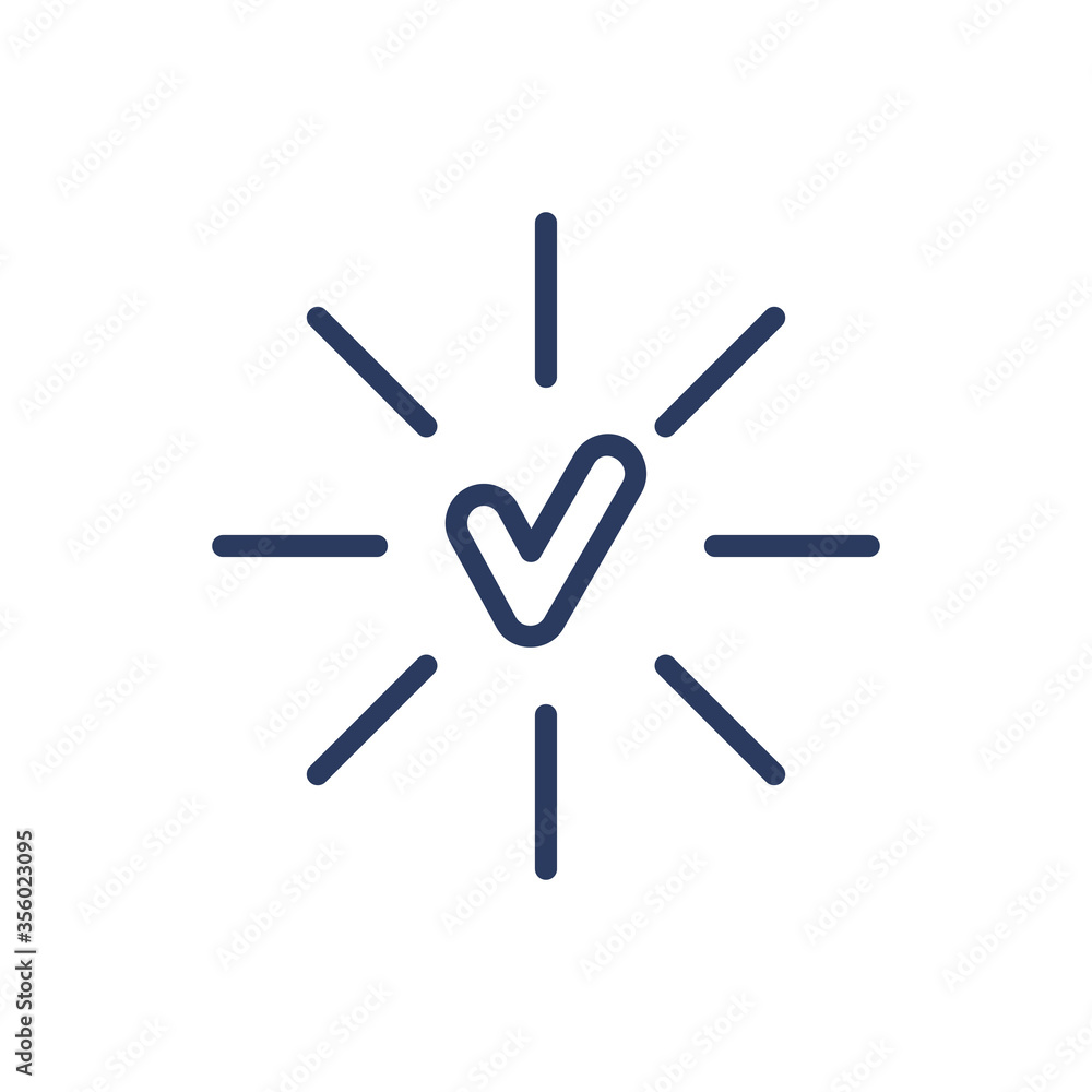 Poster checkmark with rays thin line icon. tick, success, approval isolated outline sign. check marks and b