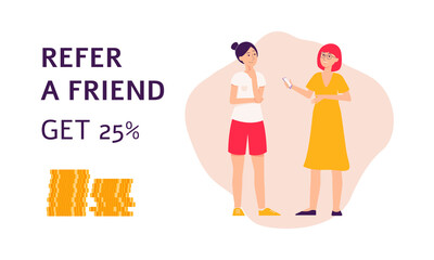 Refer a friend banner with women cartoon characters flat vector illustration.