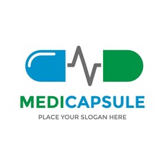 Medical capsule vector logo template. This design use capsule and pulse symbol. Suitable for health.