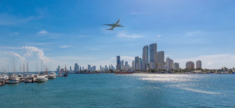Colombia, scenic Cartagena bay (Bocagrande) and city skyline at sunset