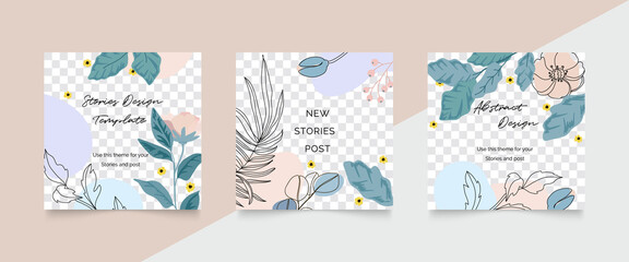 Obraz premium Abstract background vector with natural and floral line arts, Memphis style, Organic shape. Creative pattern with hand drawn shapes. Design background for social media post, cover, print and wallpaper