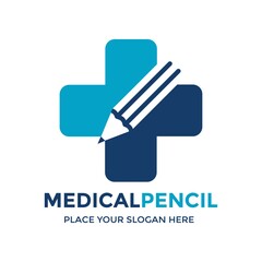 Medical learning vector logo template. This design use cross symbol and pencil. Suitable for health education.