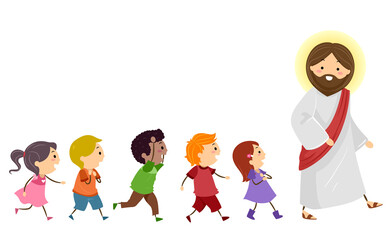 Stickman Kids Follow Jesus Walk Right Illustration - 356025203