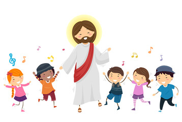 Stickman Kids Jesus Dance Music Illustration