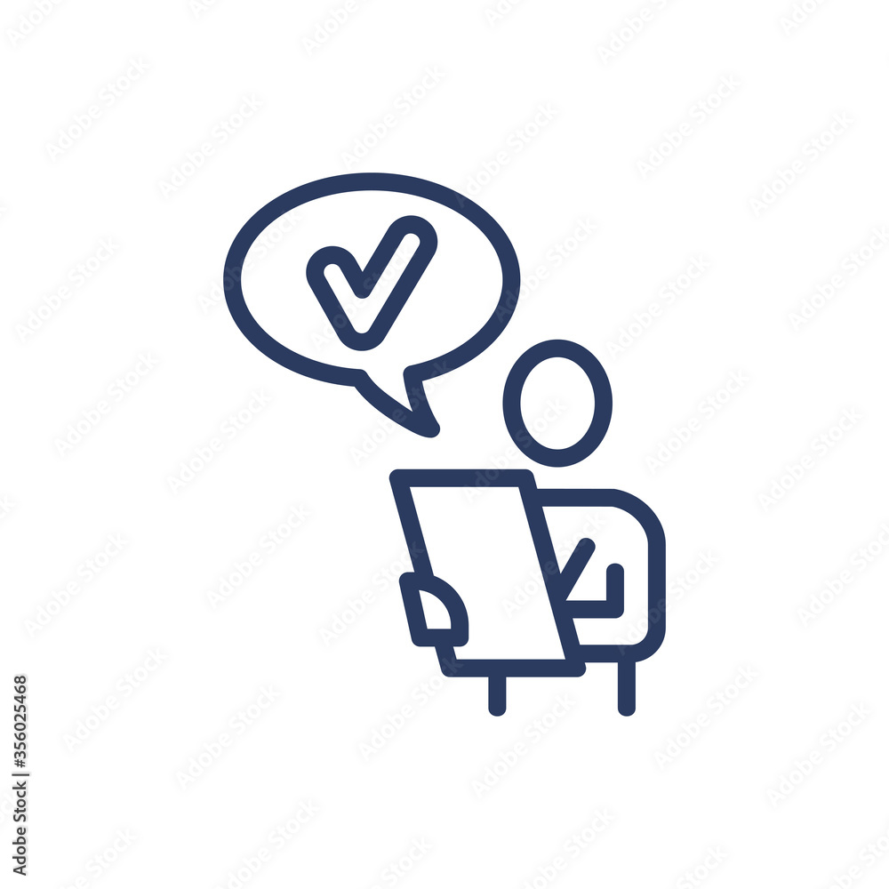 Poster man approving document thin line icon. speech bubble, product, approval isolated outline sign. check