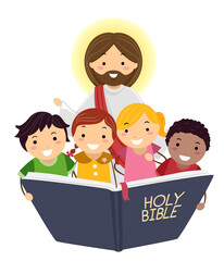 Stickman Kids Read Bible Jesus Illustration - 356025416