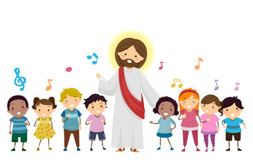 Stickman Kids Sing Jesus Music Notes Illustration - 356025430