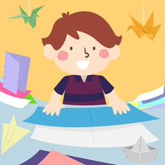 Kid Boy Folding Papers Origami Illustration