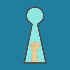 Symbol of a hand gesturing success look through a keyhole. Concept of Success in business and achievement