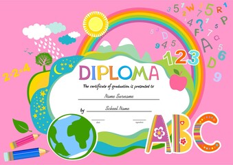 certificates kindergarten and elementary, Preschool Kids Diploma certificate background design template, Diploma template for kindergarten students, Certificate of kids diploma.  illustration