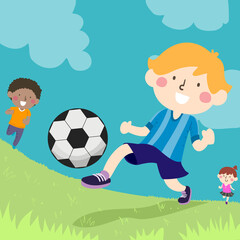 Kids Kicking Ball Outdoors Illustration