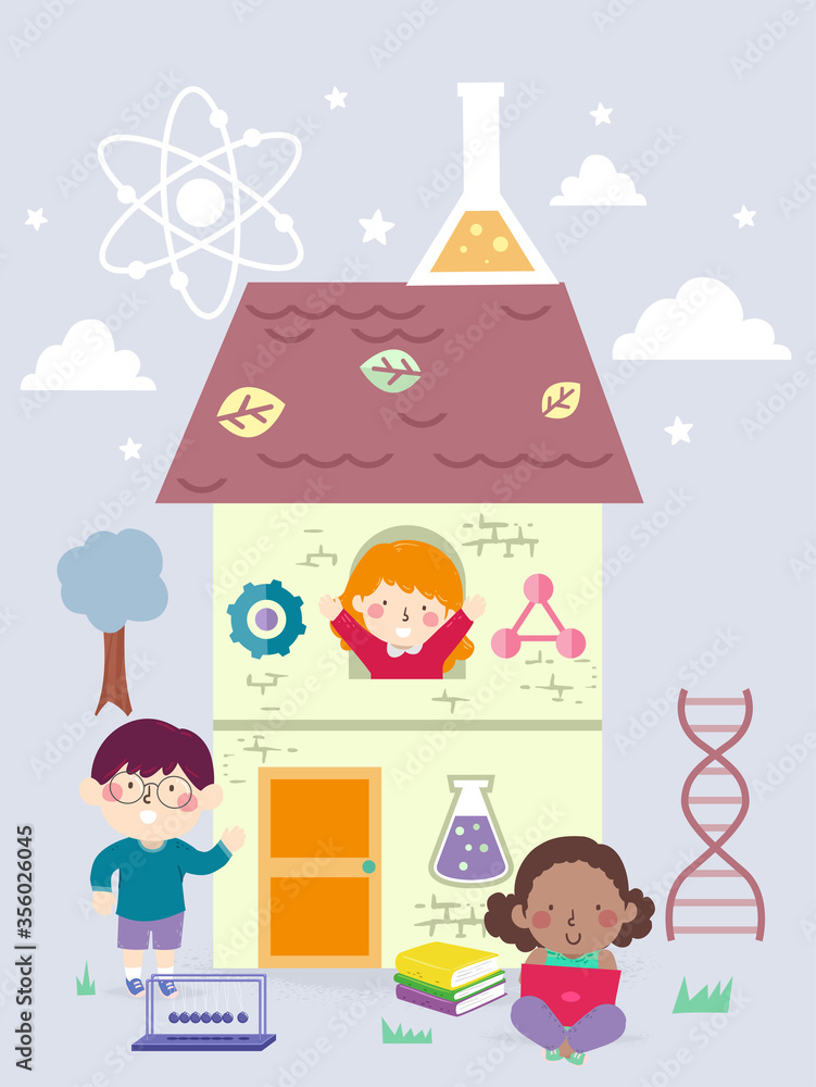 Sticker kids science house illustration