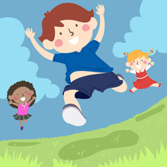 Kids Jumping Outdoors Grass Fields Illustration