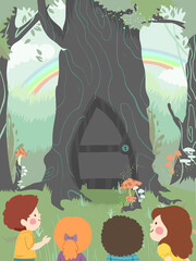 Kids Curious Tree Door Woodland Illustration