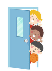 Kids Boys Basketball Team Peek Door Illustration
