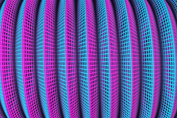Trendy background in bright neon colors.  3d illustration of a neon blue-pink cell fencing. Net...