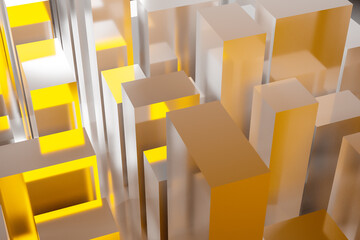Downtown business district  skyscrapers. Square shapes composition geometric. Abstract generic  yellow city with modern office buildings illustration