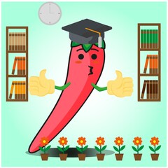 Cute mexican chili graduation cartoon face character with two bookshelf and flowers image design