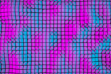 Trendy background in bright neon colors.  3d illustration of a neon blue-pink  cube. Net fence. Geometric seamless pattern with fading lines, tracks, halftone stripes