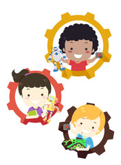 Kids Hold Robots Cog Wheels Illustration