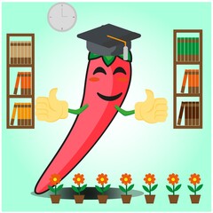 Cute mexican chili graduation cartoon face character with two bookshelf and flowers image design