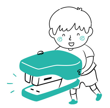 boy pushing large teal stapler clip art preview