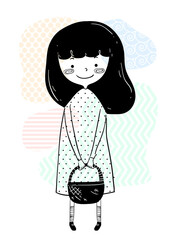 Girl Doodle Carry Basket Illustration