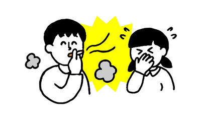 タバコを吸う男性と煙・においを嫌がる女の子（シンプル）