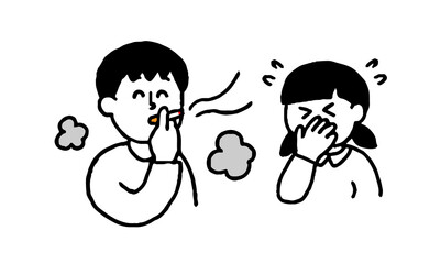 タバコを吸う男性と煙たがる女の子（シンプル）