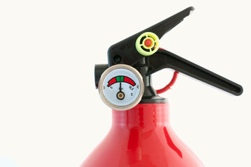 A pressure gauge on a fire extinguisher shows the correct needle position for effective use of the...