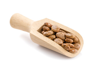 Pinto beans in a wooden spoon and scattered over white background