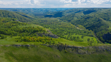 Fototapeta na wymiar South Urals. Muradymovsky gorge in the spring. Aerial view.