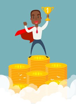 Business success flat vector concept. Black african american businessman dressed with superhero cloak is standing on the pile of the coins.