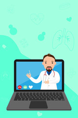 Doctor online on your laptop. Online medicine, consultation and diagnosis concept. Men therapist via smartphone. Web banner for medical app. Ask doctor online. Help and support. Vector illustration