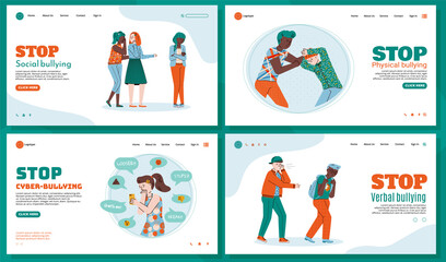 Templates set of web pages to stop bullying with characters of teenagers or schoolchildren, flat vector illustration. The social problem of bullying among young people.