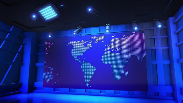 3D Virtual TV Studio News, News Studio, Light Blue colored rotating globe in background window for News best TV Program seamless loopable