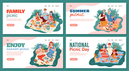 Obraz na płótnie Canvas Set of website banners with family and friends having a picnic in park, flat vector illustration on white background. Landing pages for national picnic day.