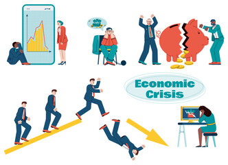 Illustrations of characters suffering from the economic crisis. Modern vector illustration of the global financial crisis. Depression and despair of people against the background of the collapse of