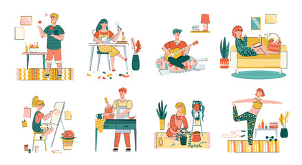 A set of illustrations of people's daily activities: sewing, sports, cooking, entertainment, remote work. People are at home in self-isolation due to the coronavirus epidemic. Vector linear