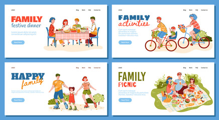 Fototapeta na wymiar Vector set of landing page templates for a happy family that is having fun. The family gathered for a festive dinner. Parents with a child ride bicycles and roller skates. The family is having a