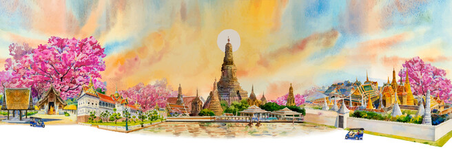 Panorama view famous landmarks Bangkok and Chiang mai in Thailand. - obrazy, fototapety, plakaty