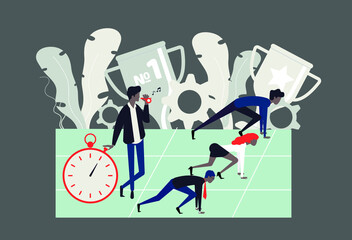 People in business clothes are competing in running. Vector flat cartoon illustration. Concept: competition between colleagues, rivalry, career growth 