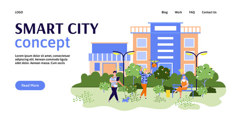 Smart city banner concept with people in city park using modern internet and digital technology. Communication website homepage template, vector illustration.