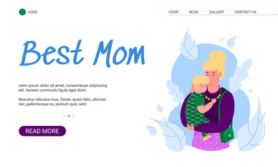 Obraz premium Best mother banner template with cartoon woman hugging scared kid. Motherhood website homepage with mom holding son in her arms, vector illustration