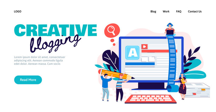 Creative blogging banner - marketing blog or text copywriting and editing service website template with cartoon people writing on giant computer. Vector illustration.