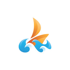Boat Sail and Water Wave Logo Icon