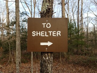 brown to shelter sign with arrow on tree trunk